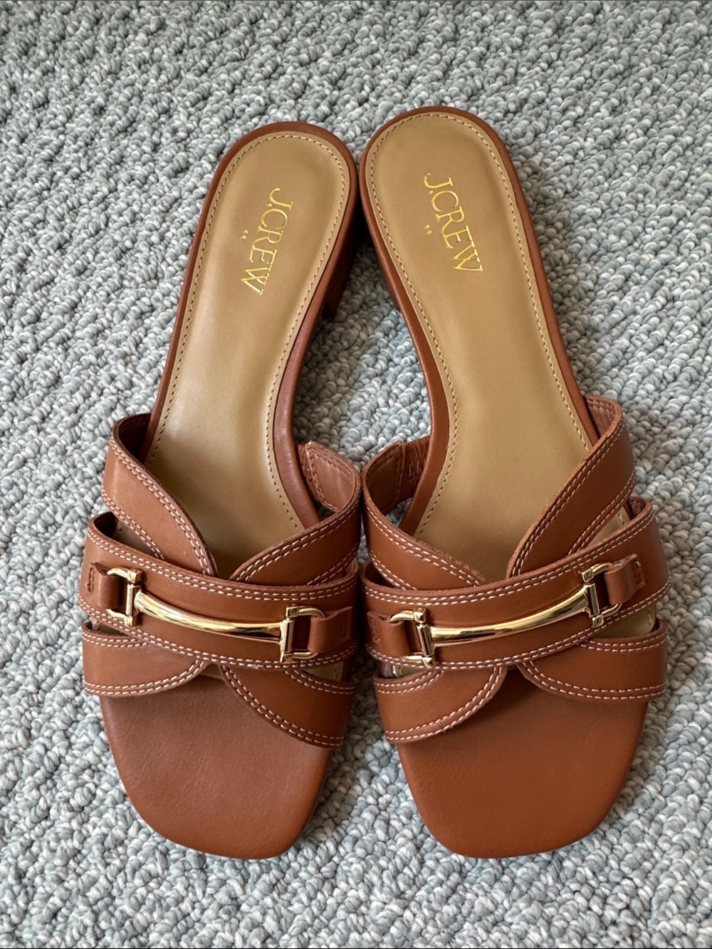 J. Crew Brown Leather Slide Mules with Gold Accent